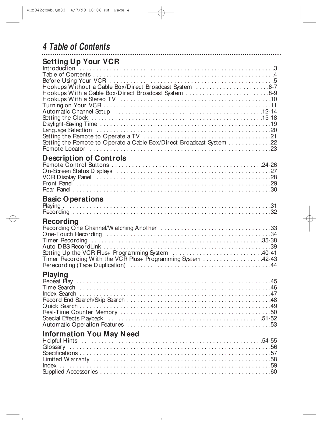 Magnavox VRZ342AT99 owner manual Table of Contents 