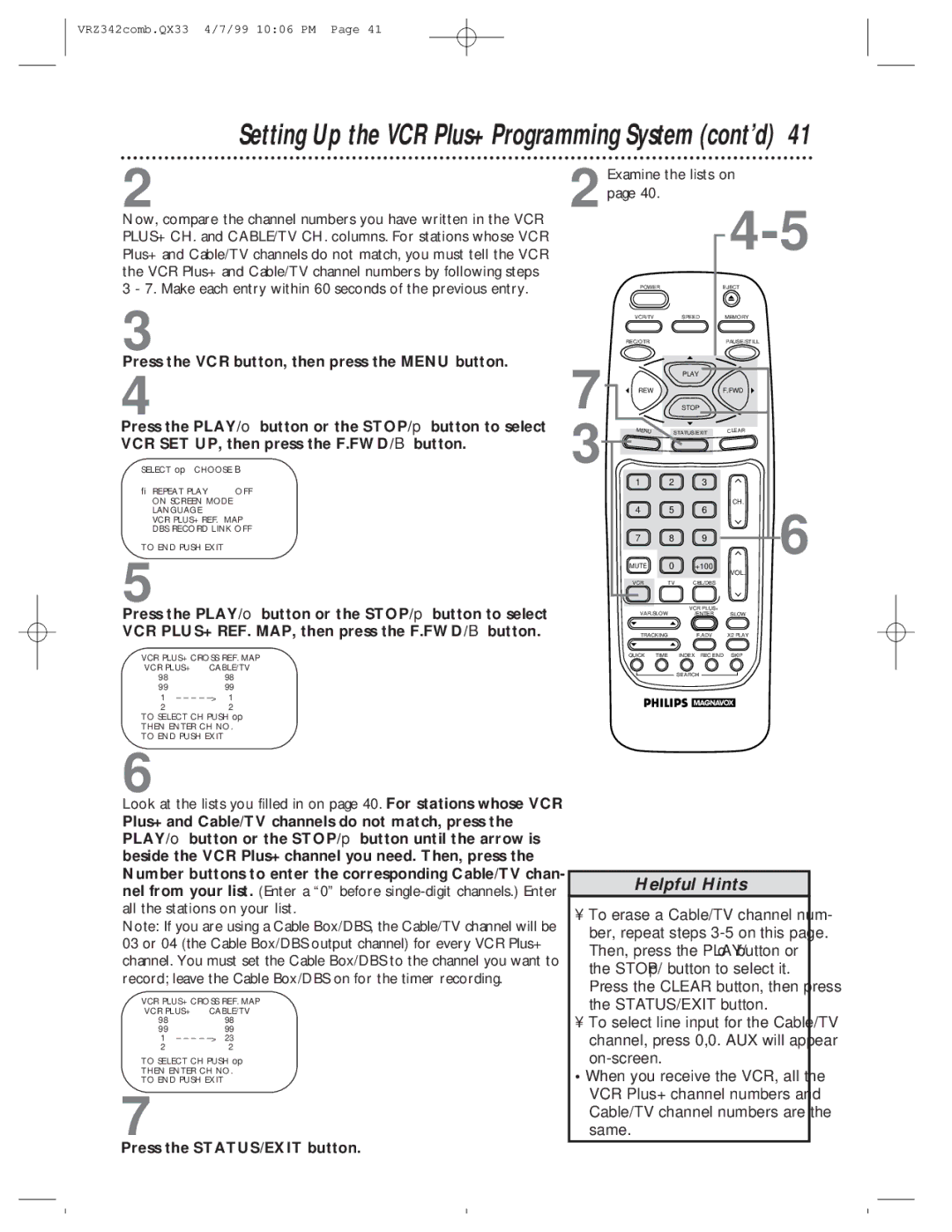 Magnavox VRZ342AT99 owner manual Setting Up the VCR Plus+ Programming System cont’d 