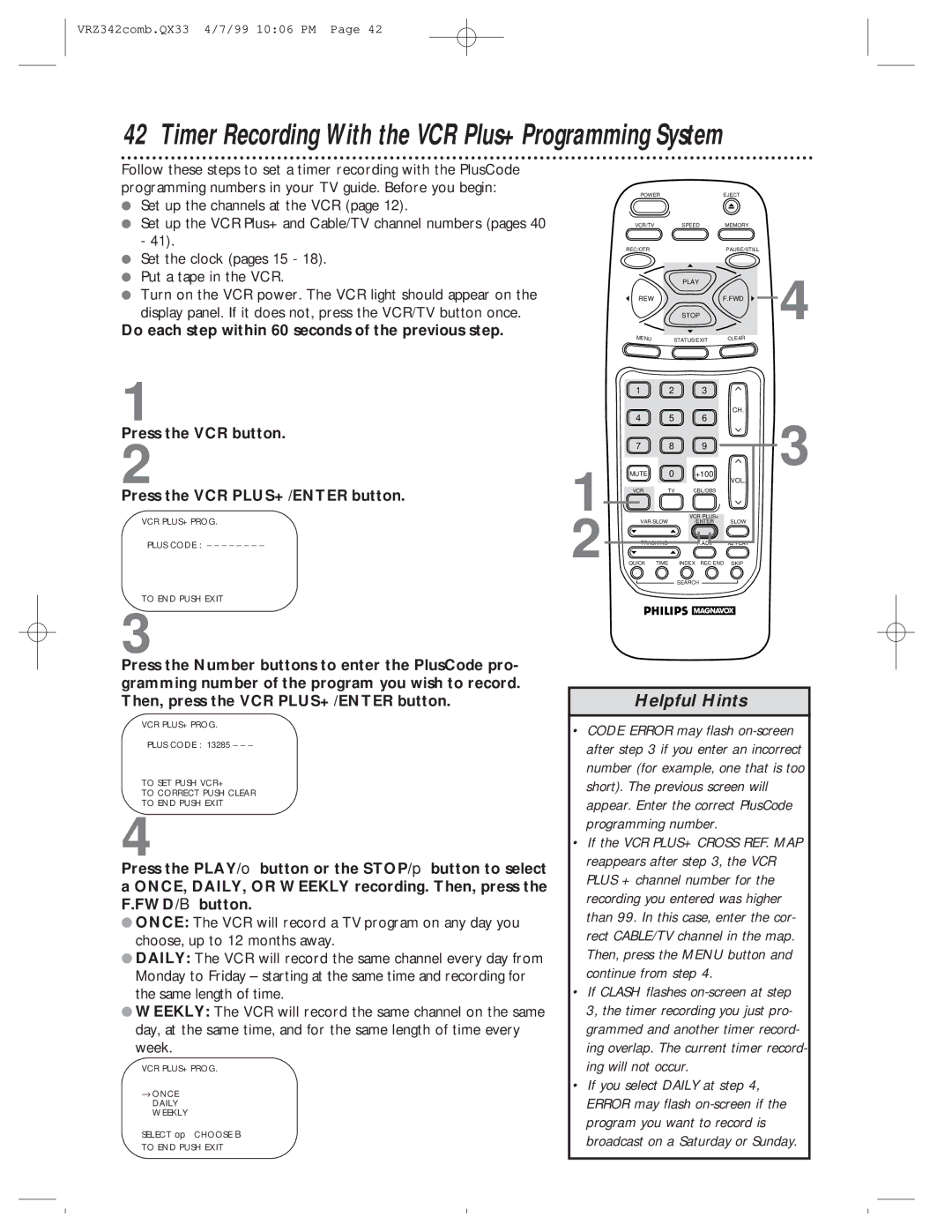 Magnavox VRZ342AT99 owner manual Timer Recording With the VCR Plus+ Programming System 