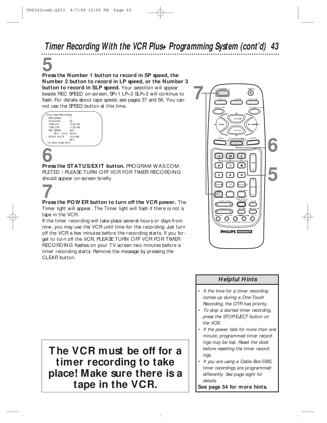 Magnavox VRZ342AT99 owner manual Timer Recording With the VCR Plus+ Programming System cont’d 