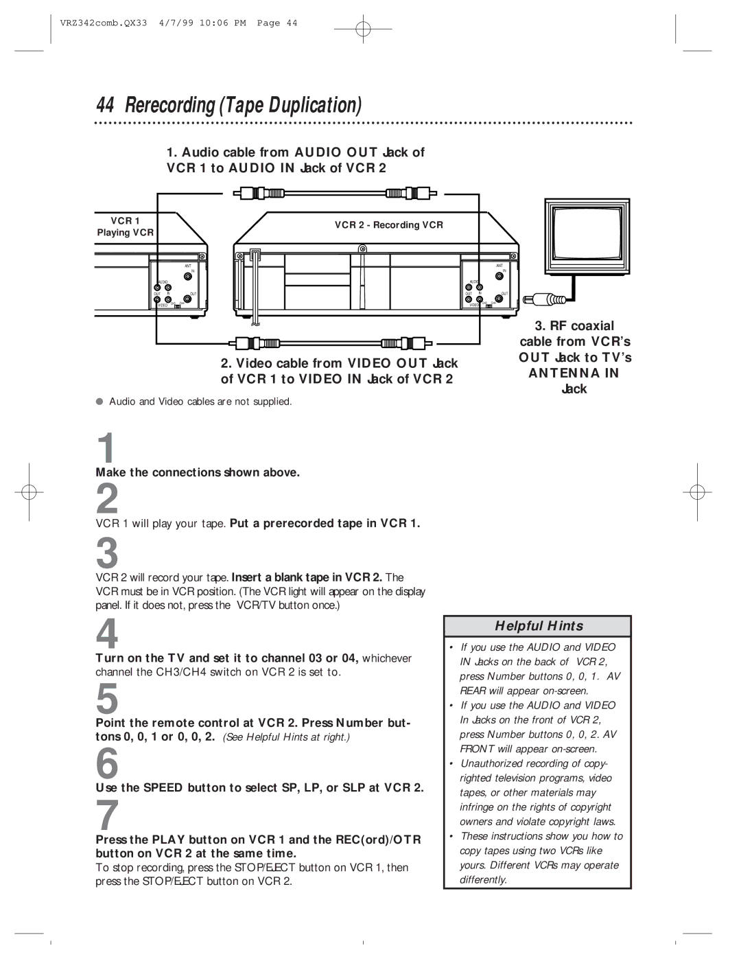 Magnavox VRZ342AT99 owner manual Rerecording Tape Duplication, Antenna 