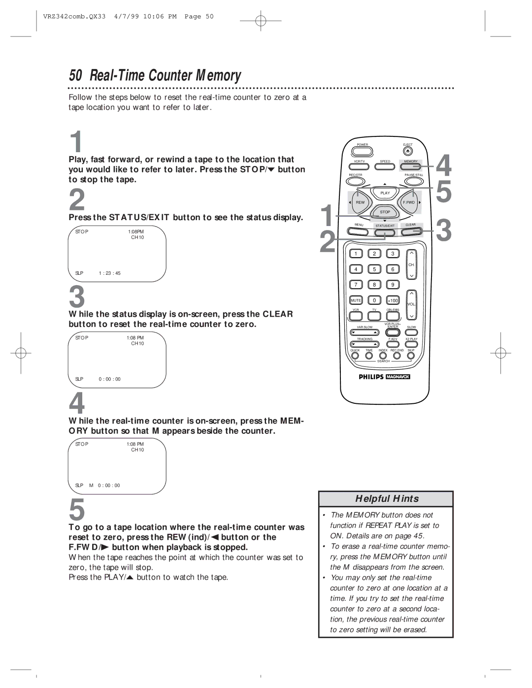 Magnavox VRZ342AT99 owner manual Real-Time Counter Memory 