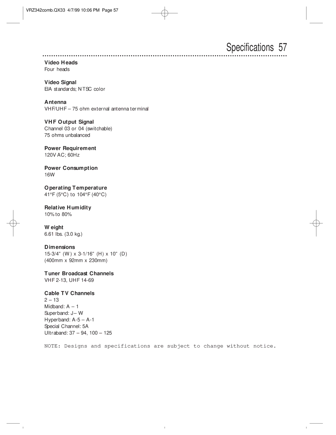 Magnavox VRZ342AT99 owner manual Specifications 