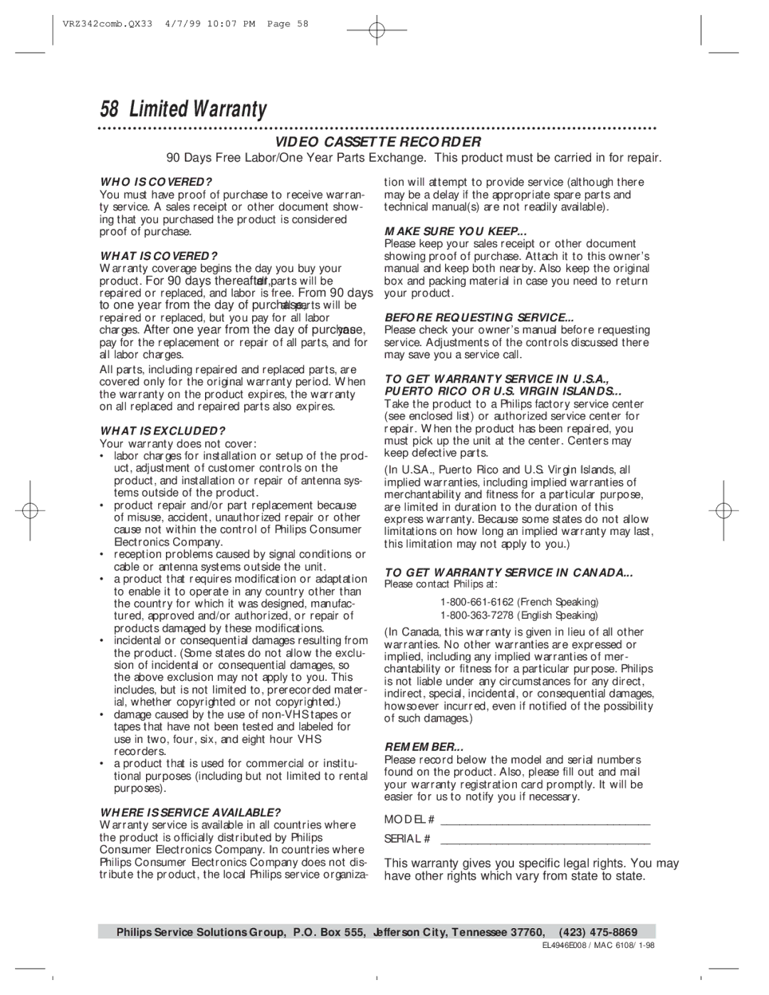Magnavox VRZ342AT99 owner manual Limited Warranty, Video Cassette Recorder 