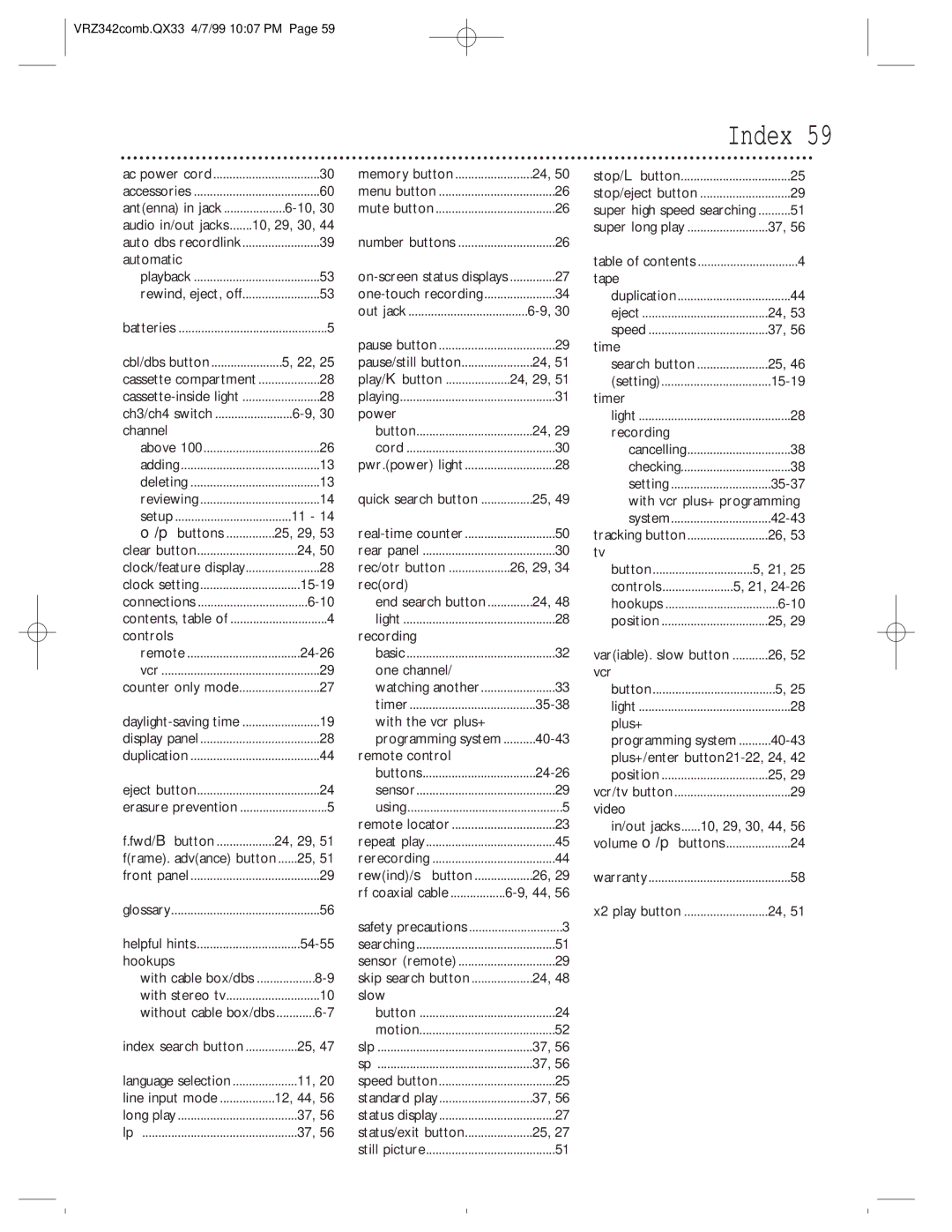 Magnavox VRZ342AT99 owner manual Index 