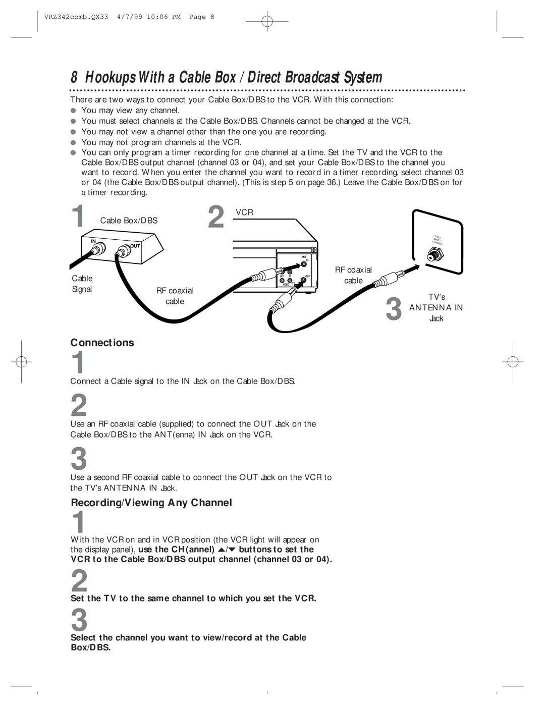 Magnavox VRZ342AT99 Hookups With a Cable Box / Direct Broadcast System, Connections, Recording/Viewing Any Channel 