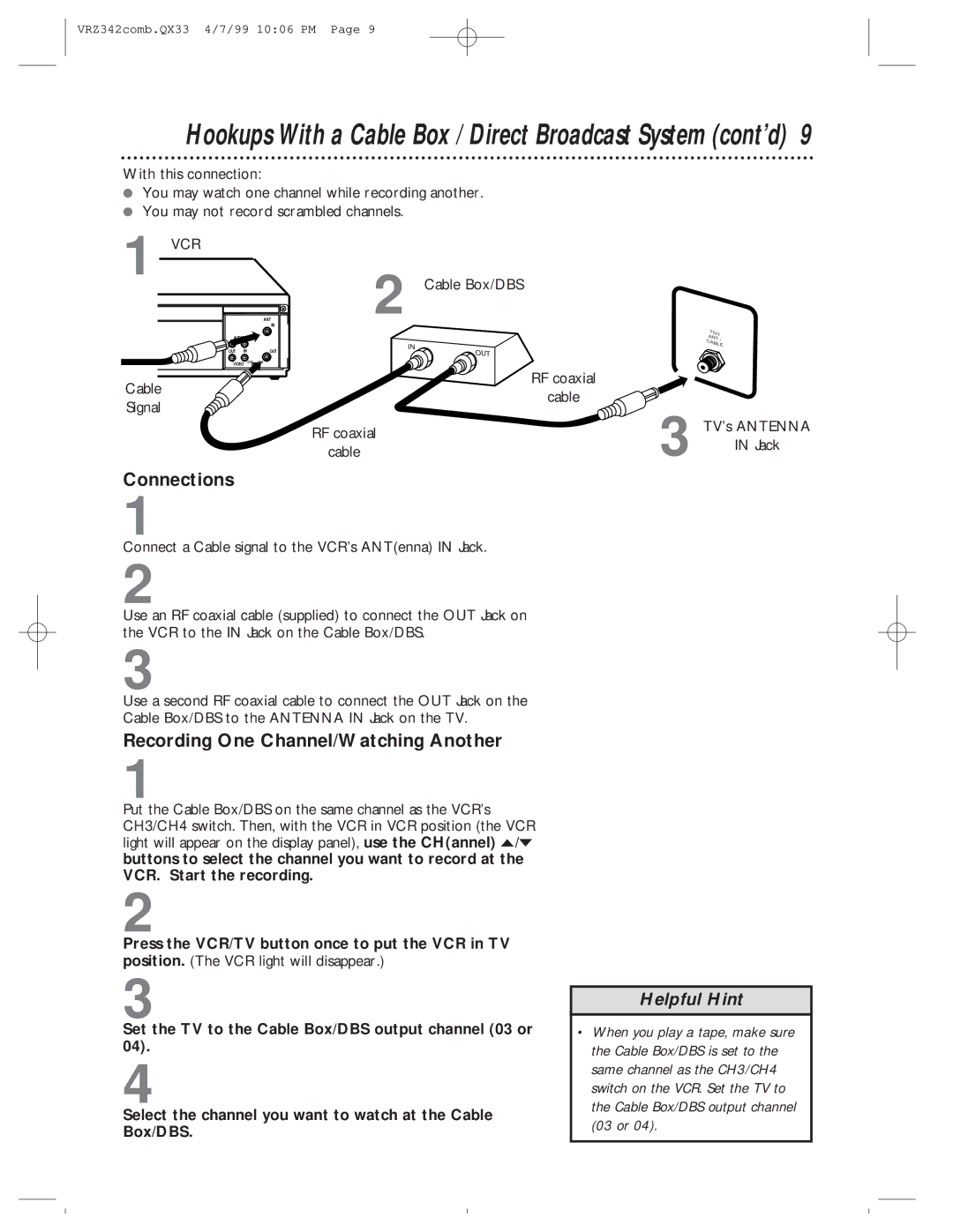 Magnavox VRZ342AT99 Hookups With a Cable Box / Direct Broadcast System cont’d, Recording One Channel/Watching Another 