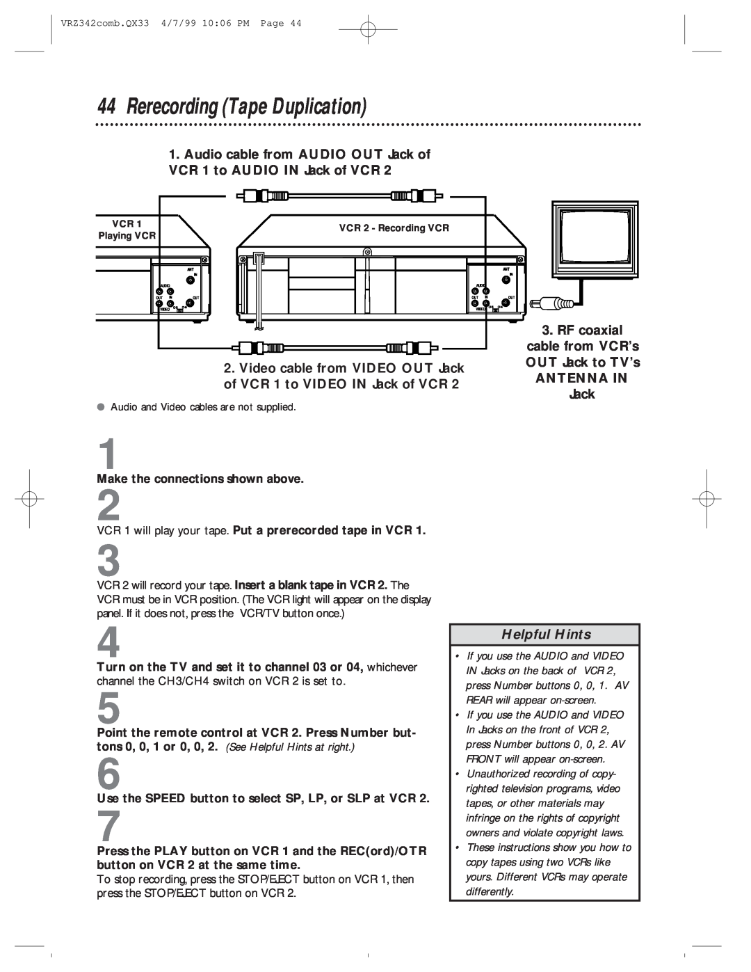 Magnavox VRZ342AT99 owner manual Rerecording Tape Duplication, Helpful Hints, VCR 2 - Recording VCR 