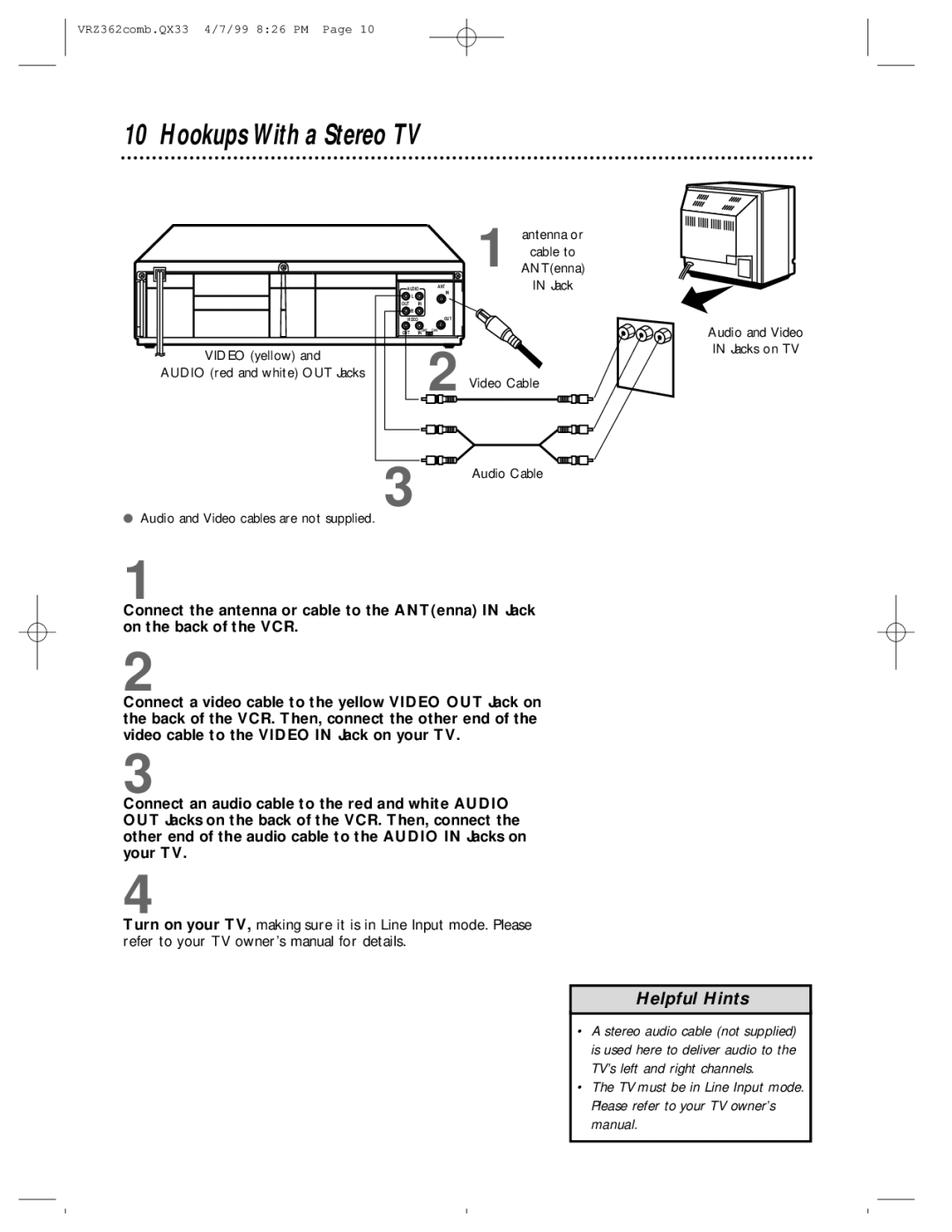 Magnavox VRZ362AT owner manual Hookups With a Stereo TV 