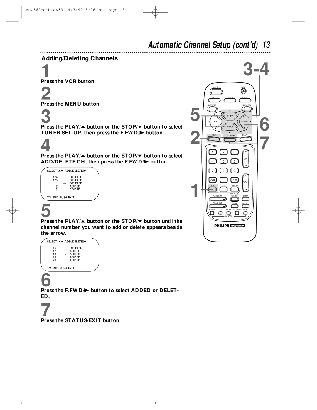 Magnavox VRZ362AT owner manual Automatic Channel Setup cont’d, Adding/Deleting Channels 