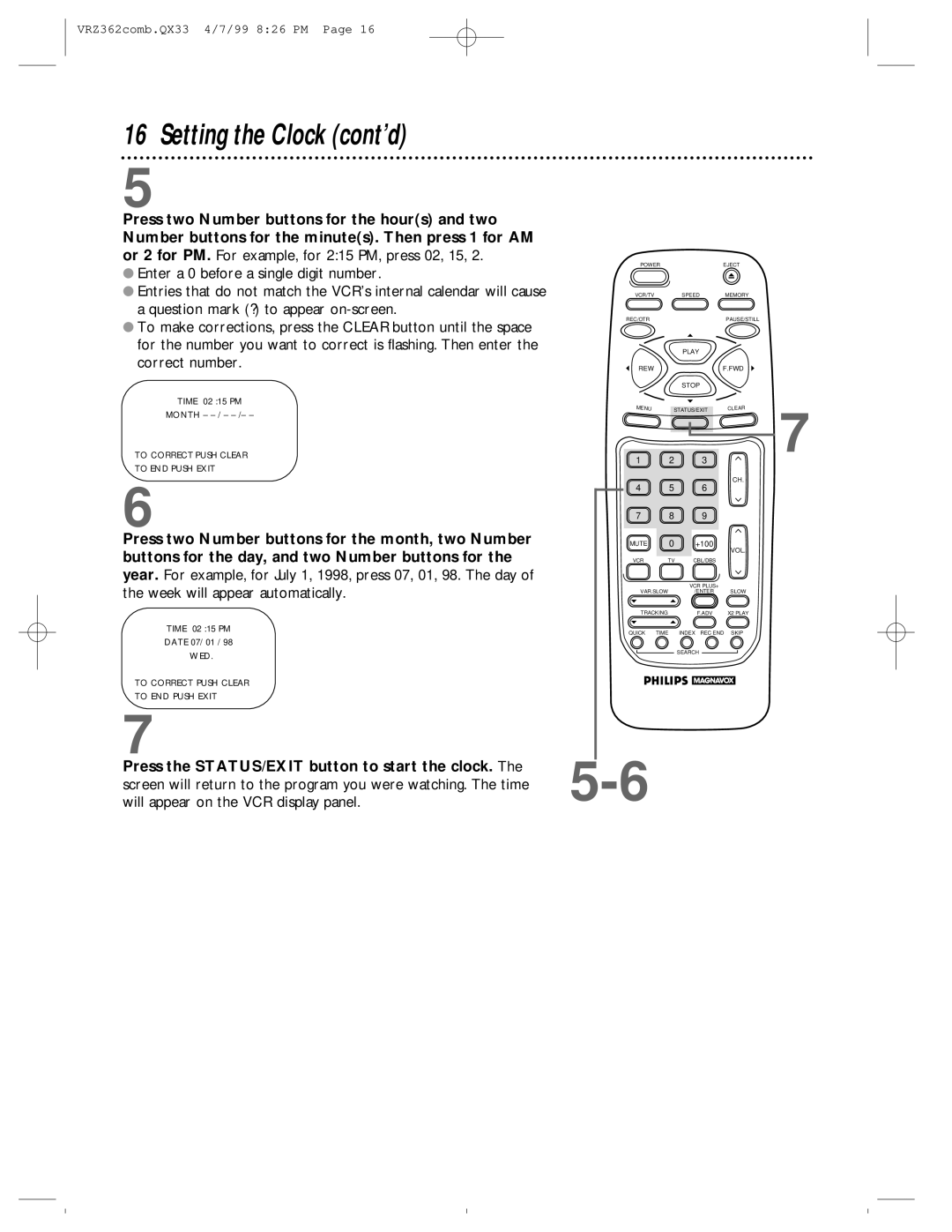 Magnavox VRZ362AT owner manual Setting the Clock cont’d 