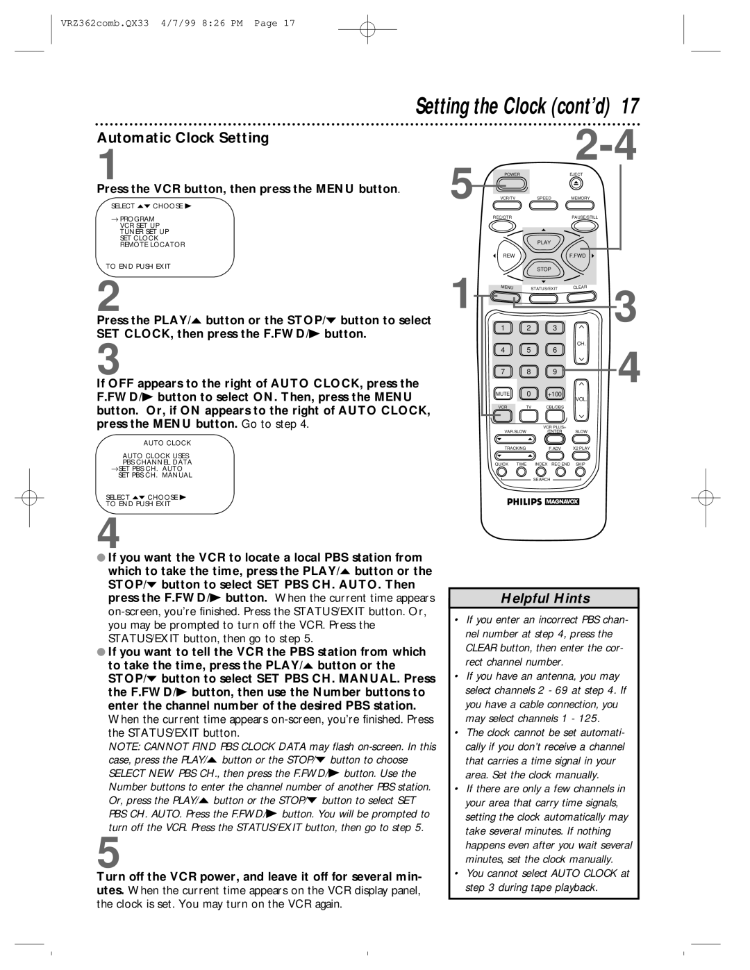 Magnavox VRZ362AT owner manual Automatic Clock Setting, Press the VCR button, then press the Menu button 