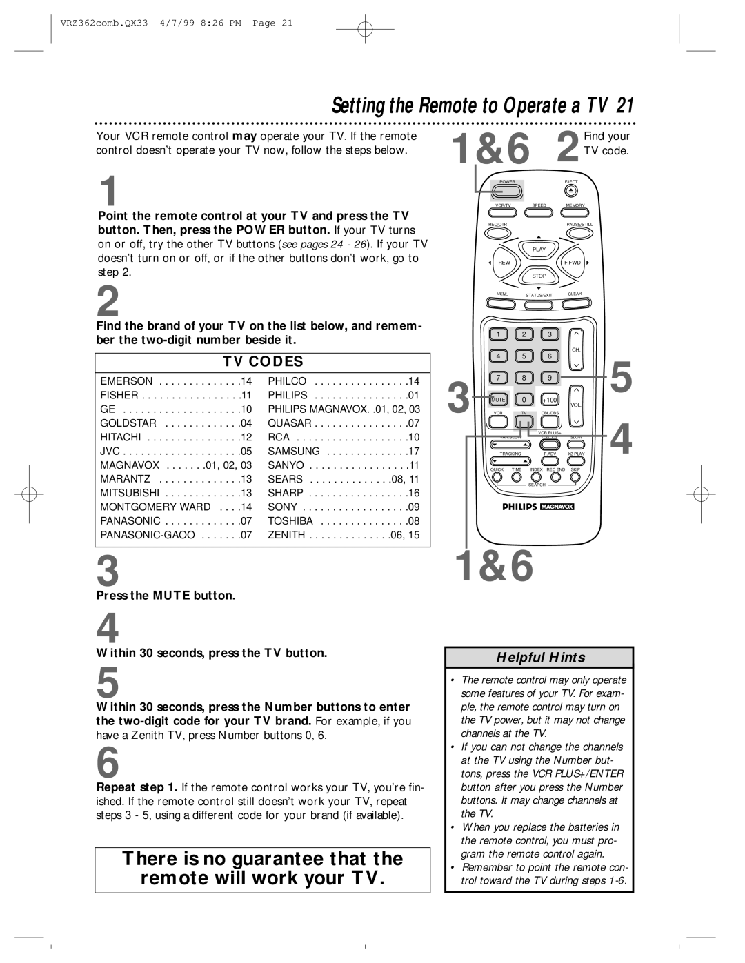 Magnavox VRZ362AT owner manual Setting the Remote to Operate a TV 