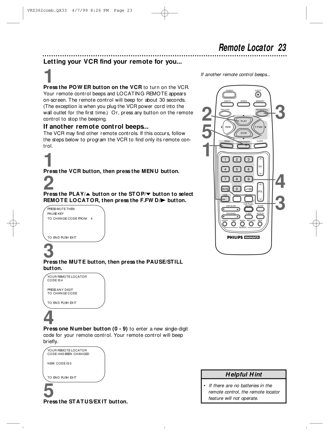 Magnavox VRZ362AT owner manual Letting your VCR find your remote for you, If another remote control beeps 