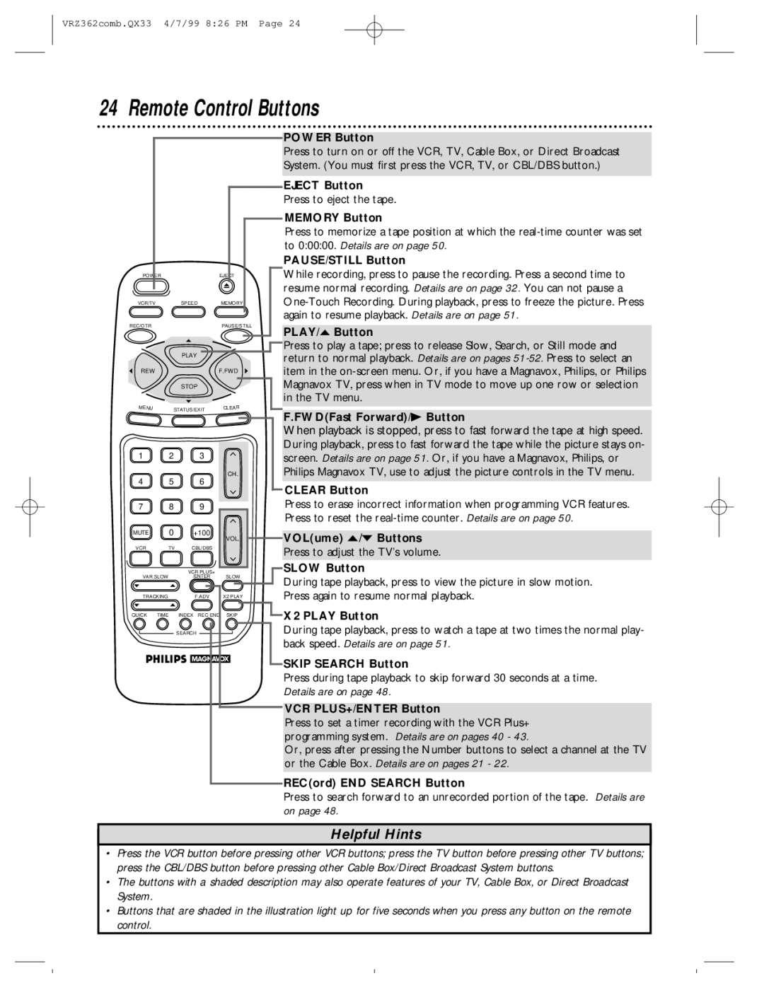 Magnavox VRZ362AT owner manual Remote Control Buttons 