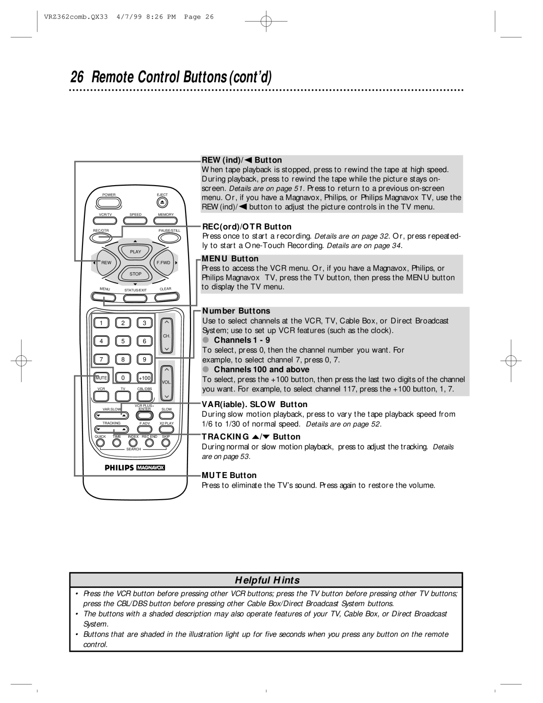 Magnavox VRZ362AT owner manual Remote Control Buttons cont’d 