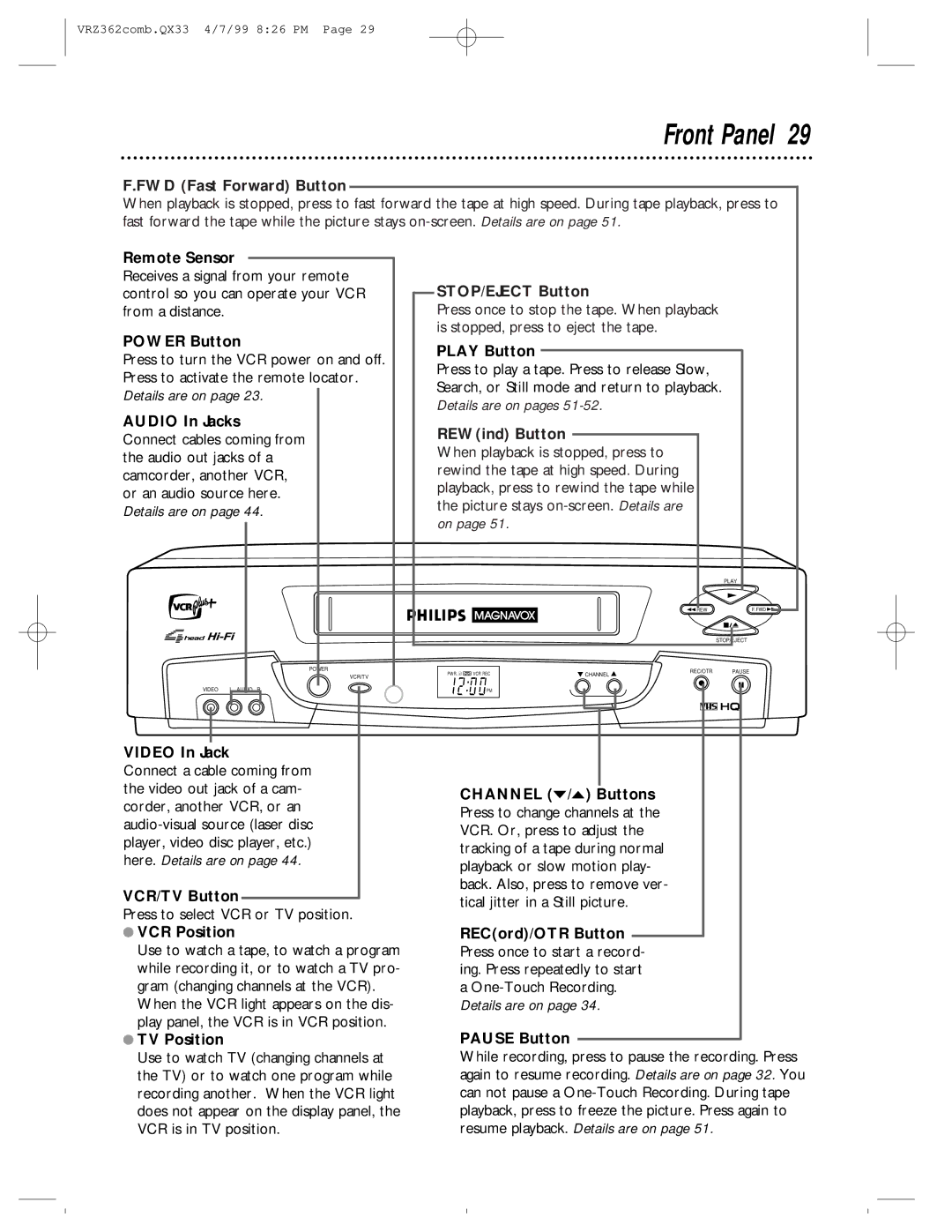 Magnavox VRZ362AT owner manual Front Panel 