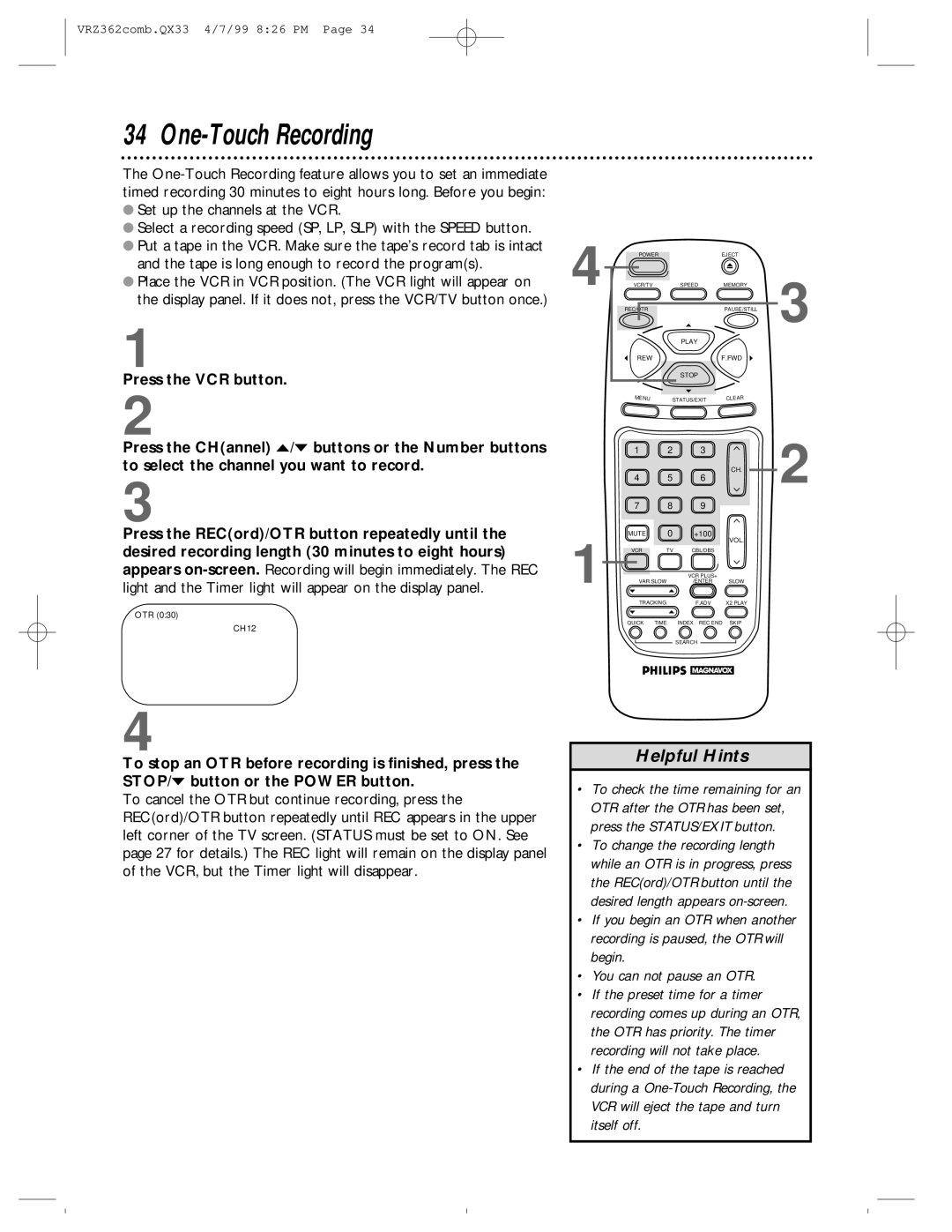 Magnavox VRZ362AT owner manual One-Touch Recording, Itself off 