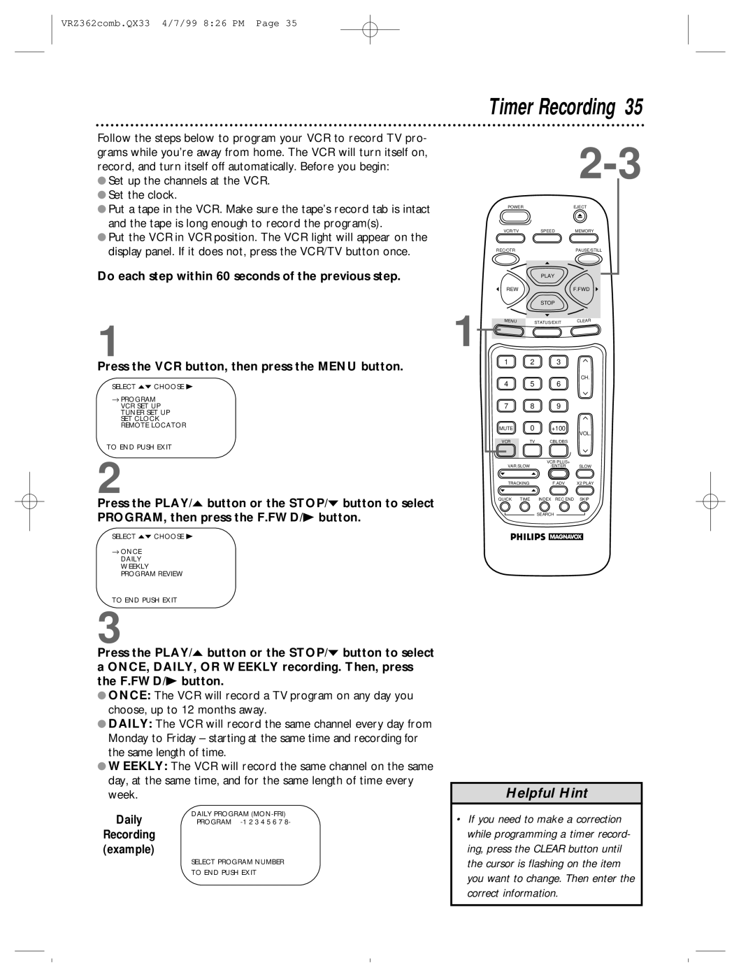 Magnavox VRZ362AT owner manual Timer Recording, Daily 