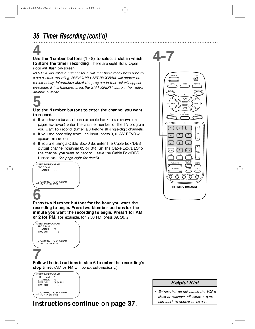 Magnavox VRZ362AT owner manual Timer Recording cont’d, Instructions continue on 