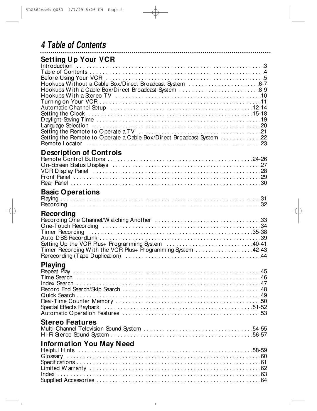 Magnavox VRZ362AT owner manual Table of Contents 