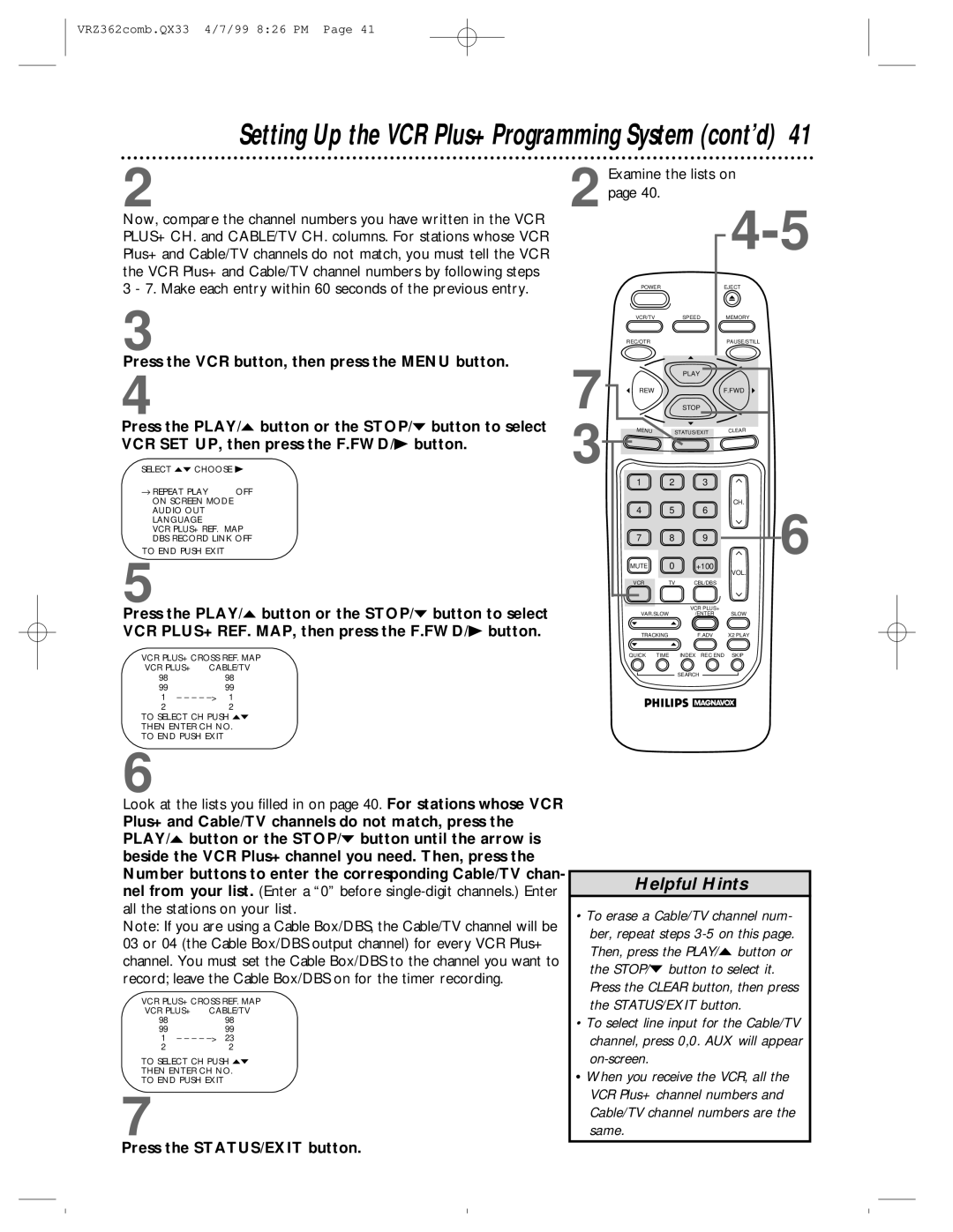 Magnavox VRZ362AT owner manual Setting Up the VCR Plus+ Programming System cont’d 