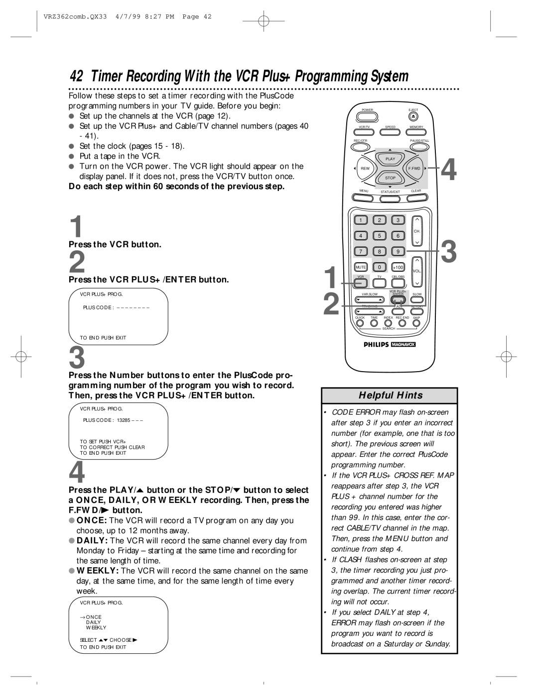 Magnavox VRZ362AT owner manual Timer Recording With the VCR Plus+ Programming System 