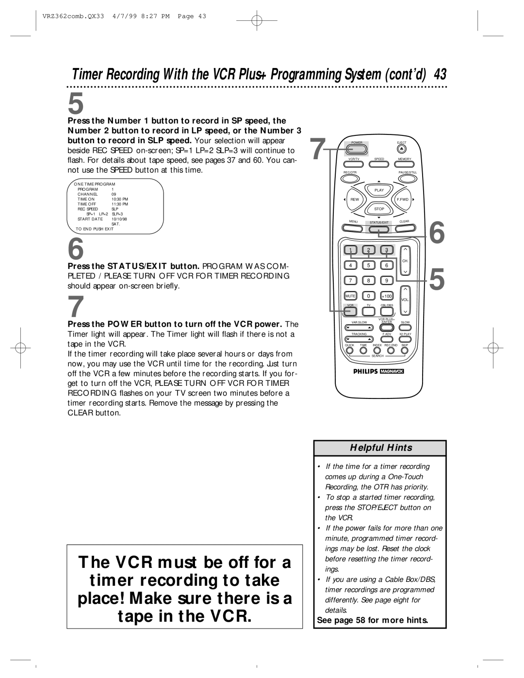 Magnavox VRZ362AT owner manual Timer Recording With the VCR Plus+ Programming System cont’d 