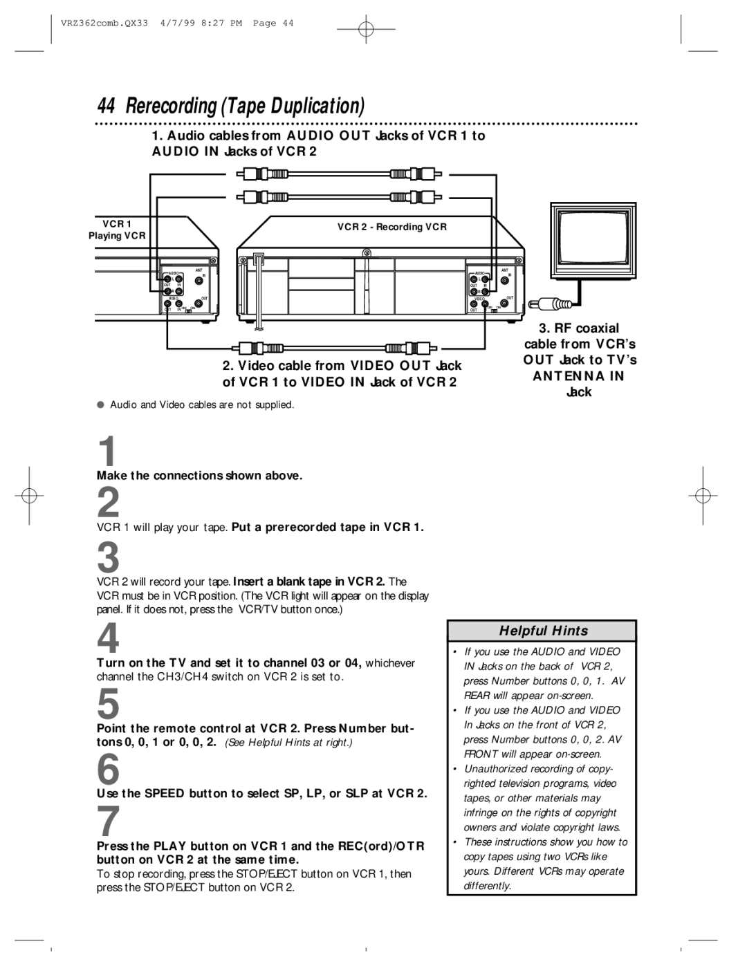 Magnavox VRZ362AT owner manual Rerecording Tape Duplication, Vcr 