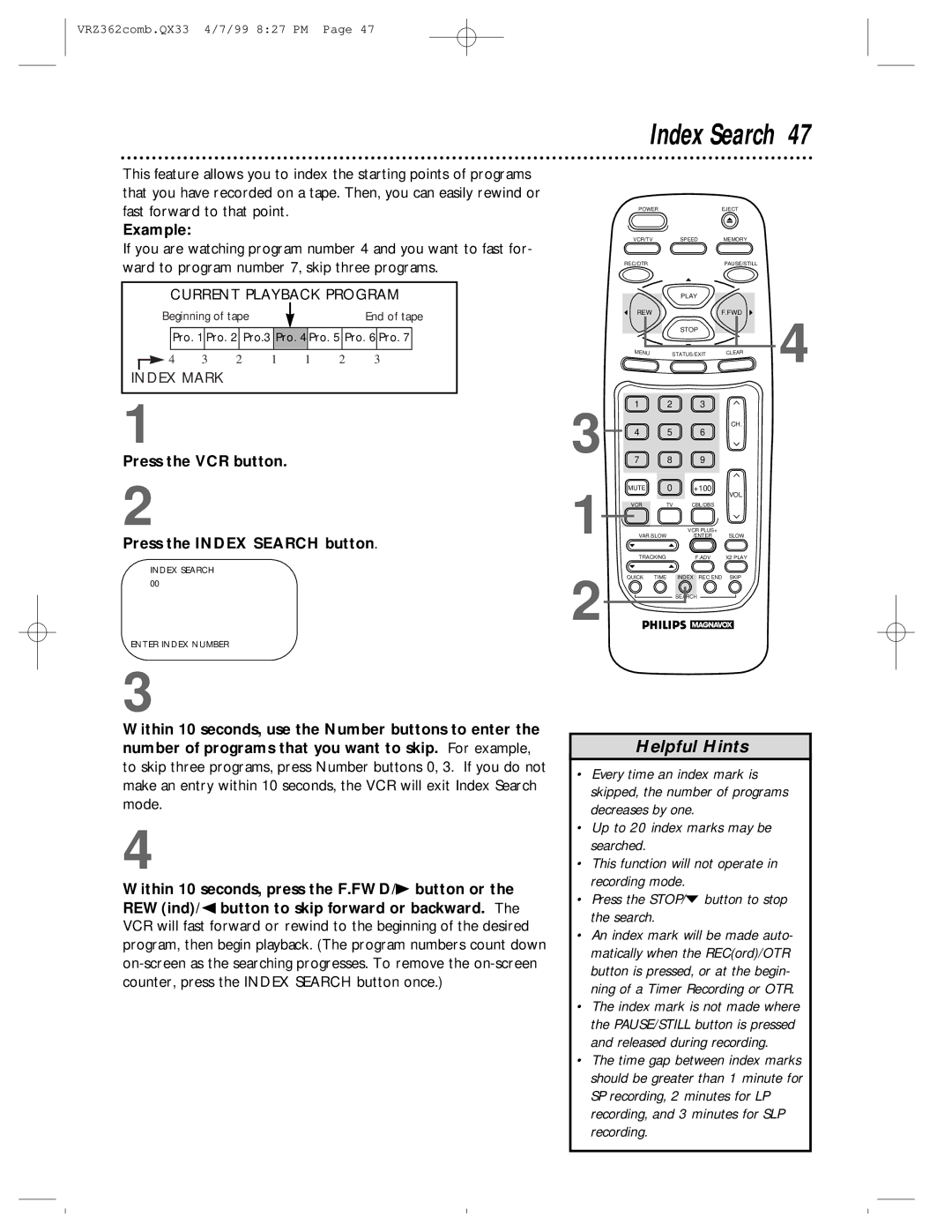 Magnavox VRZ362AT owner manual Example, Press the VCR button Press the Index Search button 