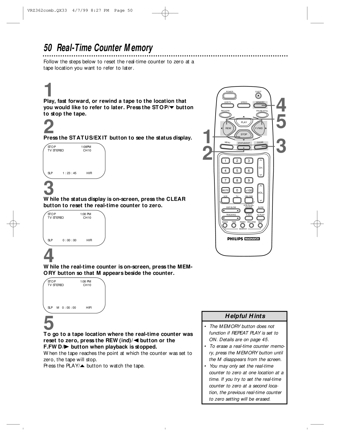 Magnavox VRZ362AT owner manual Real-Time Counter Memory 