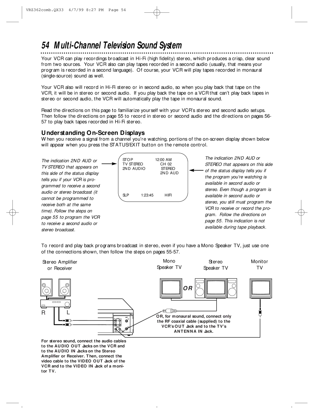 Magnavox VRZ362AT owner manual Multi-Channel Television Sound System, Understanding On-Screen Displays 