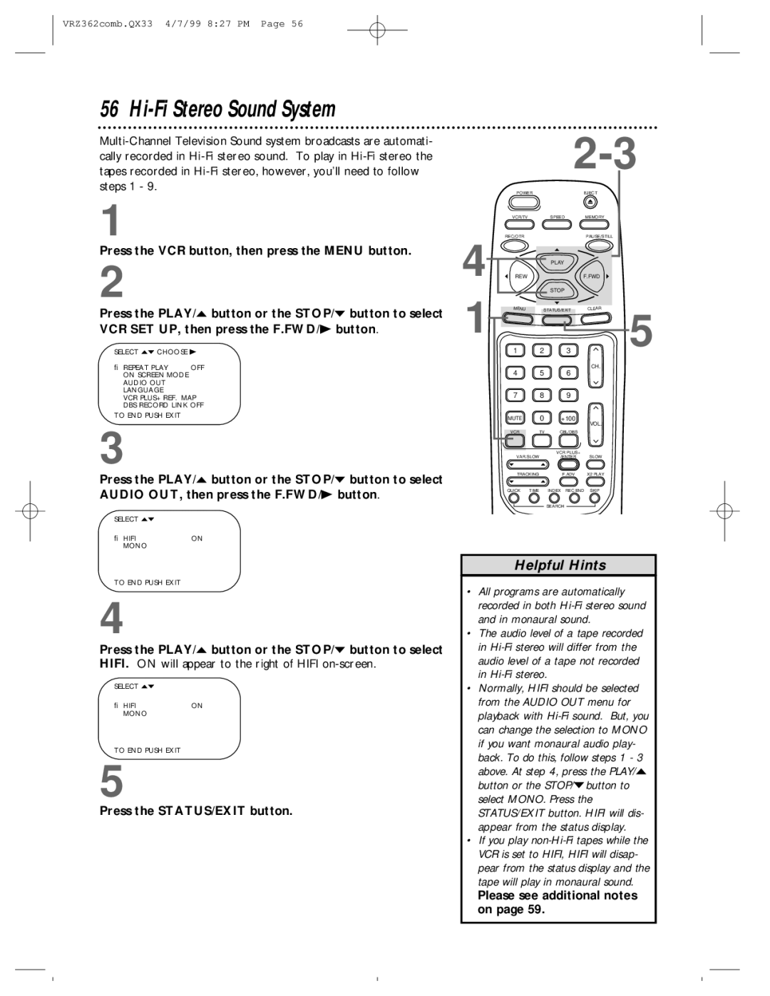 Magnavox VRZ362AT owner manual Hi-Fi Stereo Sound System, Please see additional notes on 