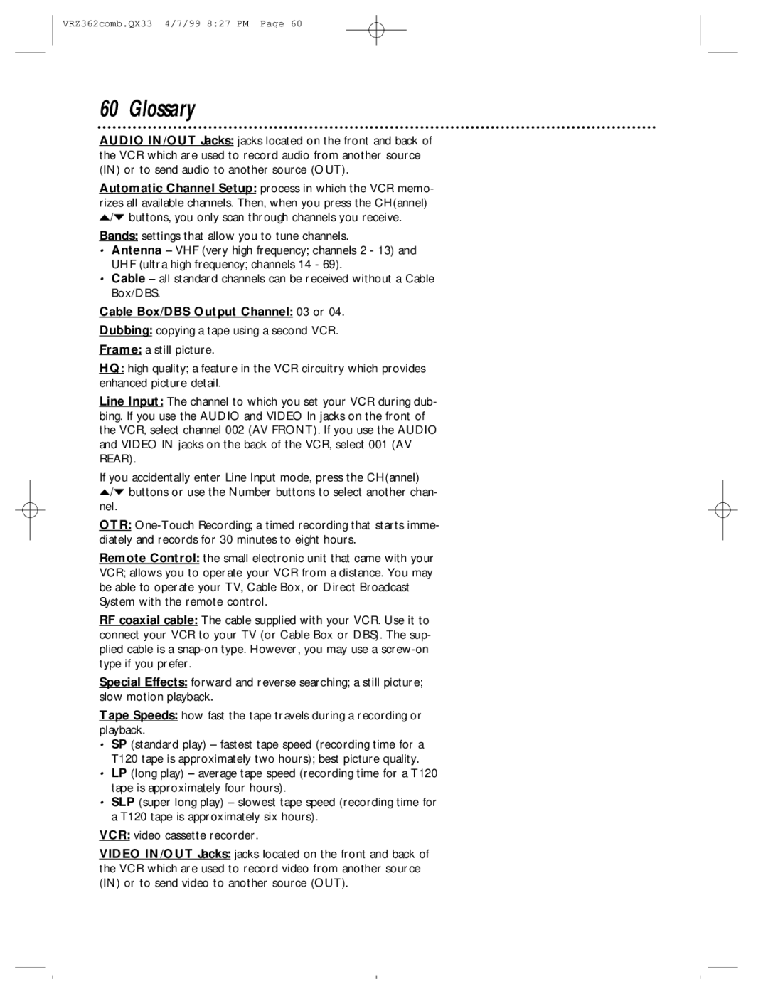 Magnavox VRZ362AT owner manual Glossary, Cable Box/DBS Output Channel 03 or 