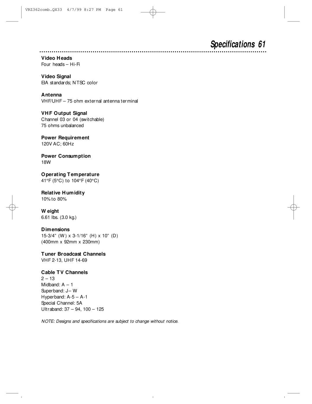 Magnavox VRZ362AT owner manual Specifications 