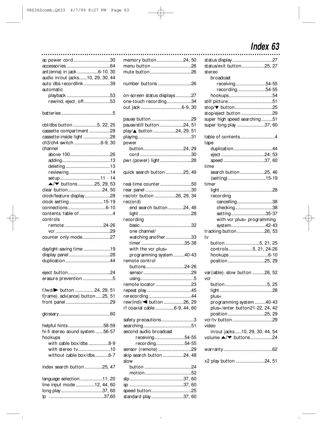 Magnavox VRZ362AT owner manual Index, Automatic 