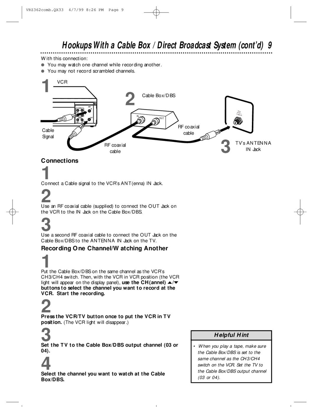 Magnavox VRZ362AT Hookups With a Cable Box / Direct Broadcast System cont’d, Recording One Channel/Watching Another 