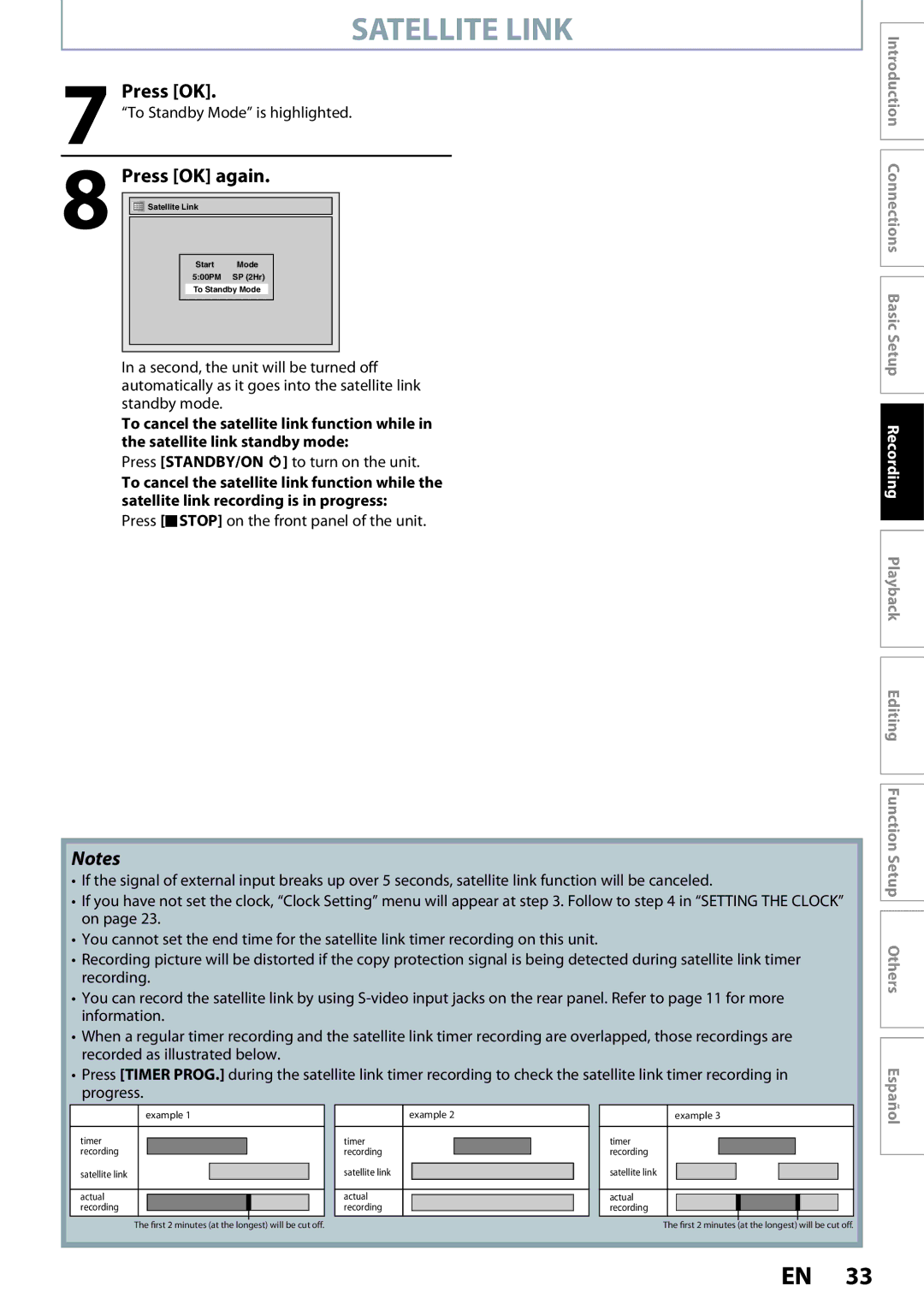 Magnavox ZC320MW8B/F7 owner manual Satellite Link, Press OK again, To Standby Mode is highlighted 