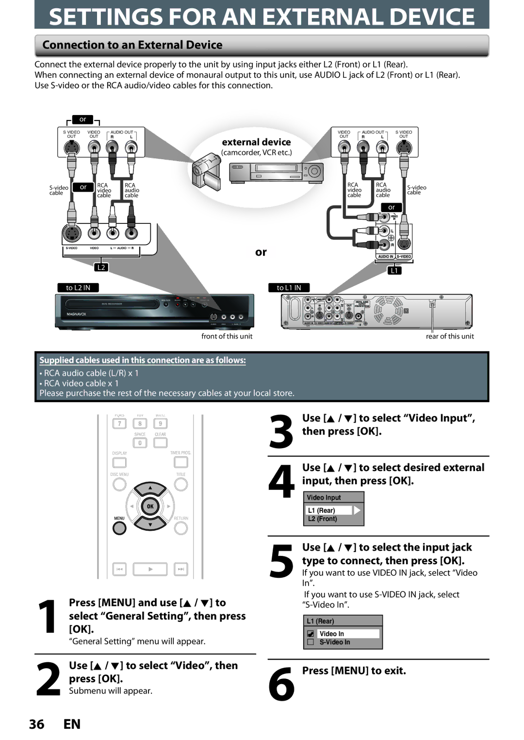 Magnavox ZC320MW8B/F7 Settings for AN External Device, Connection to an External Device, Press Menu and use K / L to 