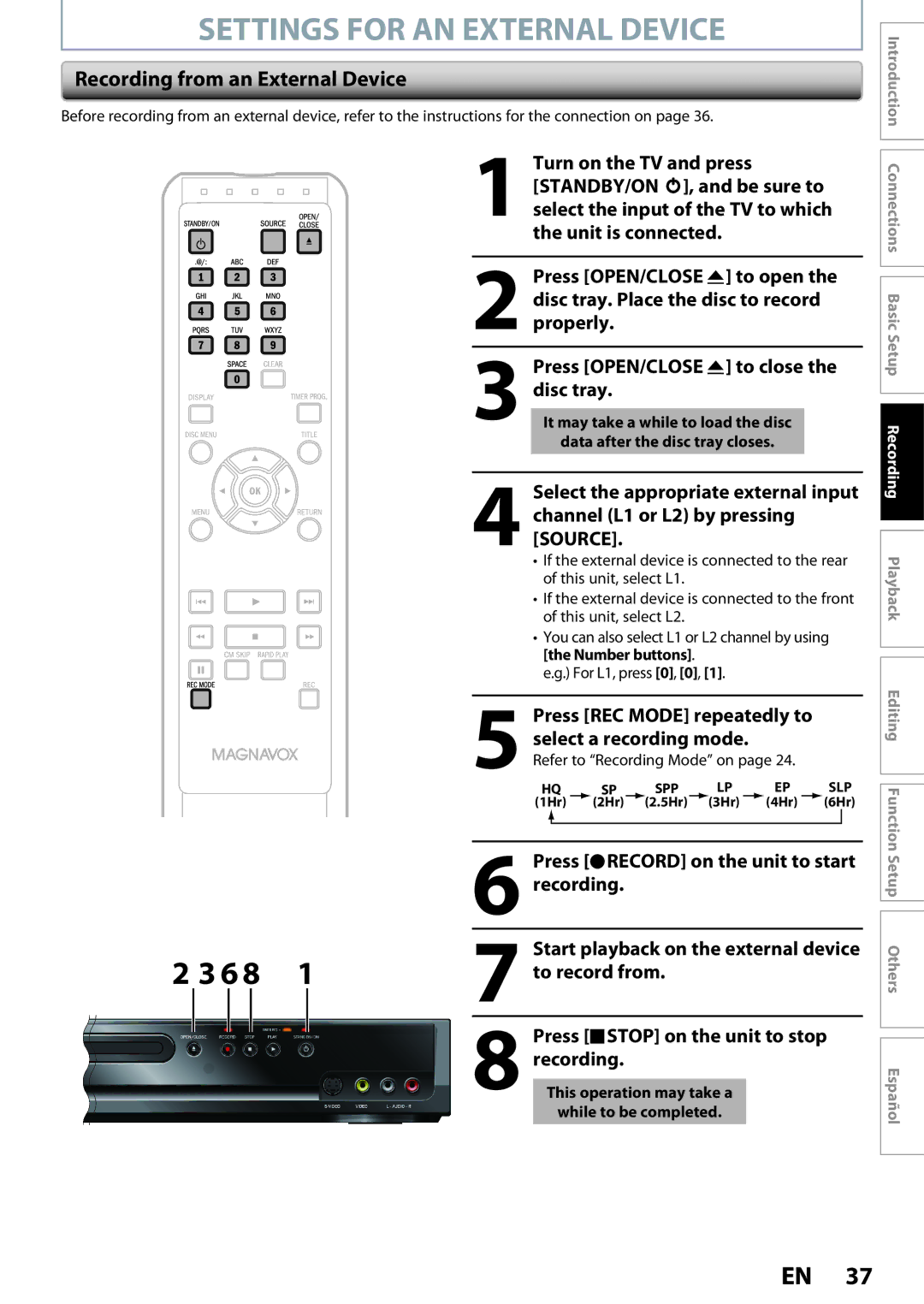 Magnavox ZC320MW8B/F7 owner manual Settings for AN External Device, Recording from an External Device 