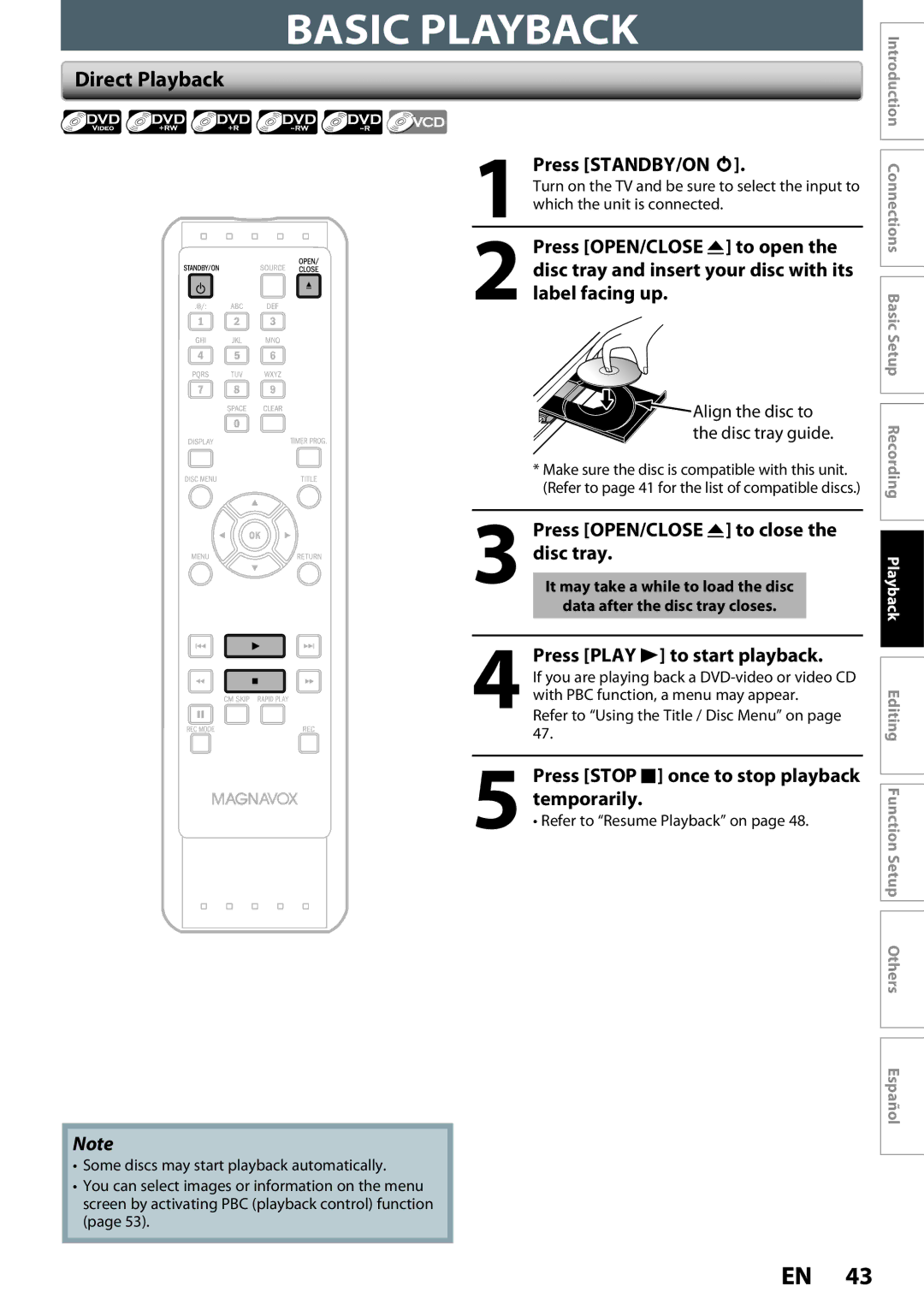 Magnavox ZC320MW8B/F7 owner manual Basic Playback, Direct Playback, Press STANDBY/ON y, Press Play B to start playback 