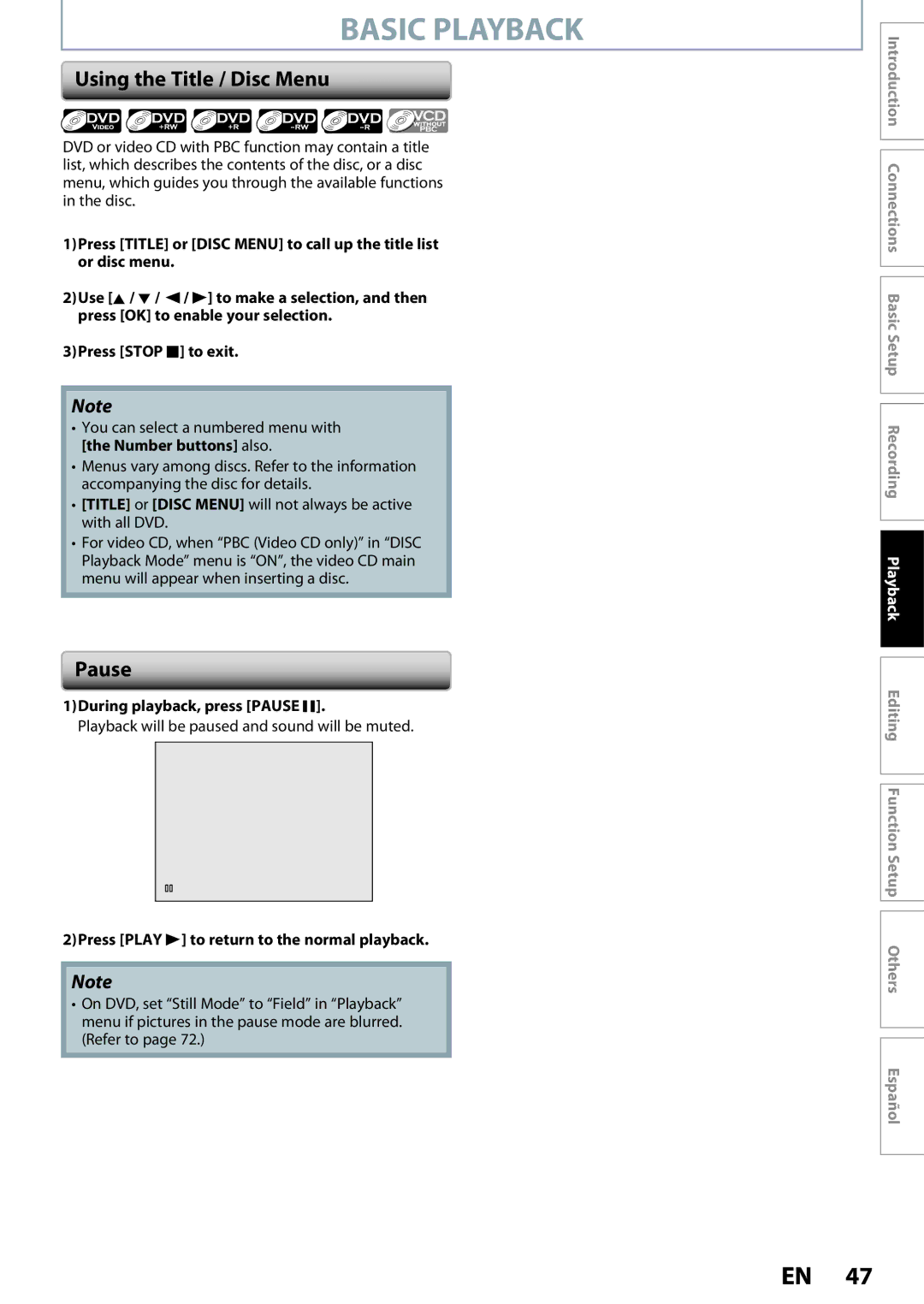 Magnavox ZC320MW8B/F7 owner manual Using the Title / Disc Menu, During playback, press Pause F 