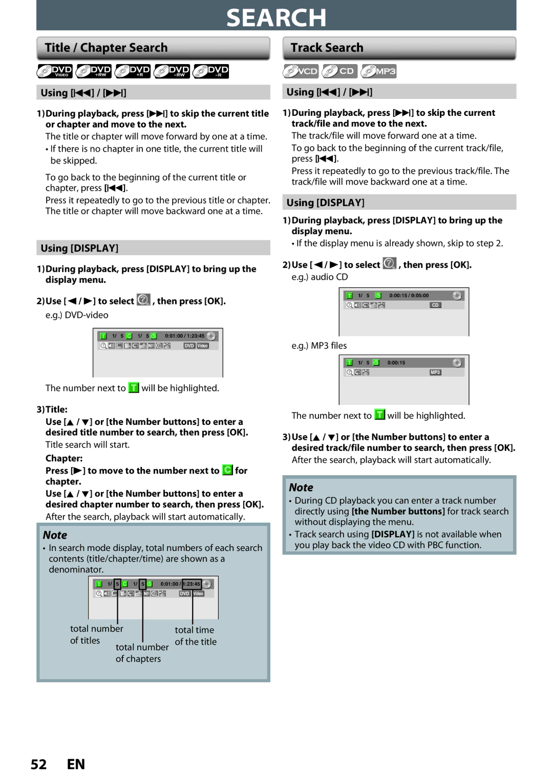 Magnavox ZC320MW8B/F7 owner manual Title / Chapter Search Track Search, Using H / G, Using Display 