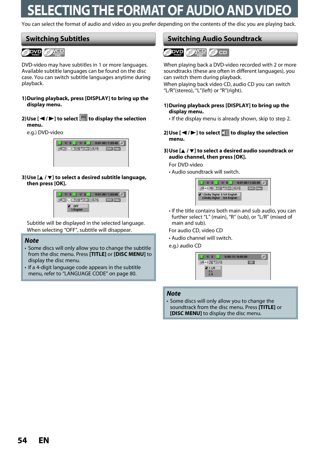 Magnavox ZC320MW8B/F7 owner manual Switching Subtitles, Switching Audio Soundtrack, 2Use / B to select 