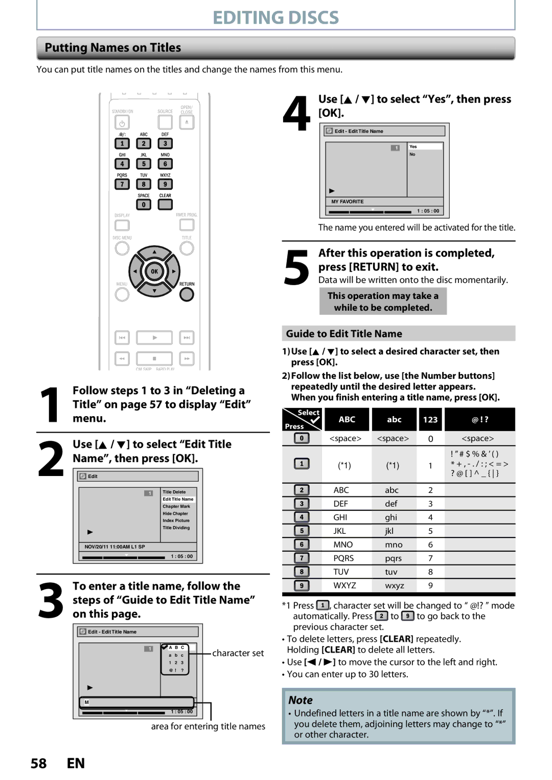 Magnavox ZC320MW8B/F7 Editing Discs, Putting Names on Titles, After this operation is completed, press Return to exit 