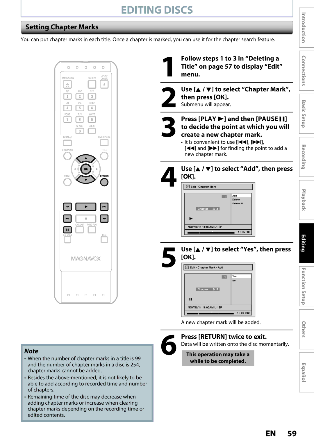 Magnavox ZC320MW8B/F7 Setting Chapter Marks, Use K / L to select Add, then press OK, Press Return twice to exit 