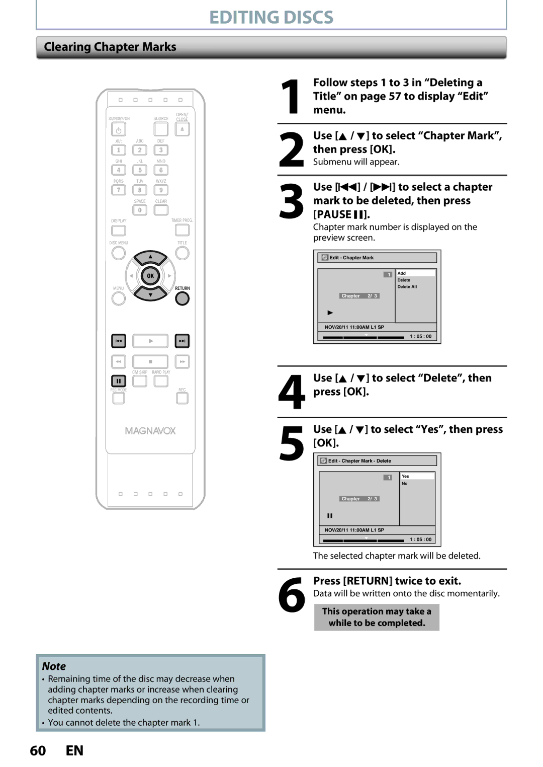 Magnavox ZC320MW8B/F7 owner manual Clearing Chapter Marks, Chapter mark number is displayed on the preview screen 