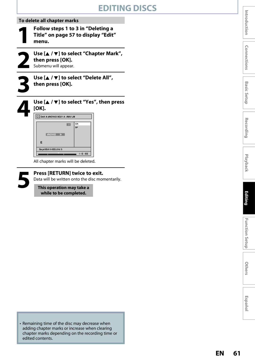 Magnavox ZC320MW8B/F7 owner manual To delete all chapter marks, All chapter marks will be deleted 