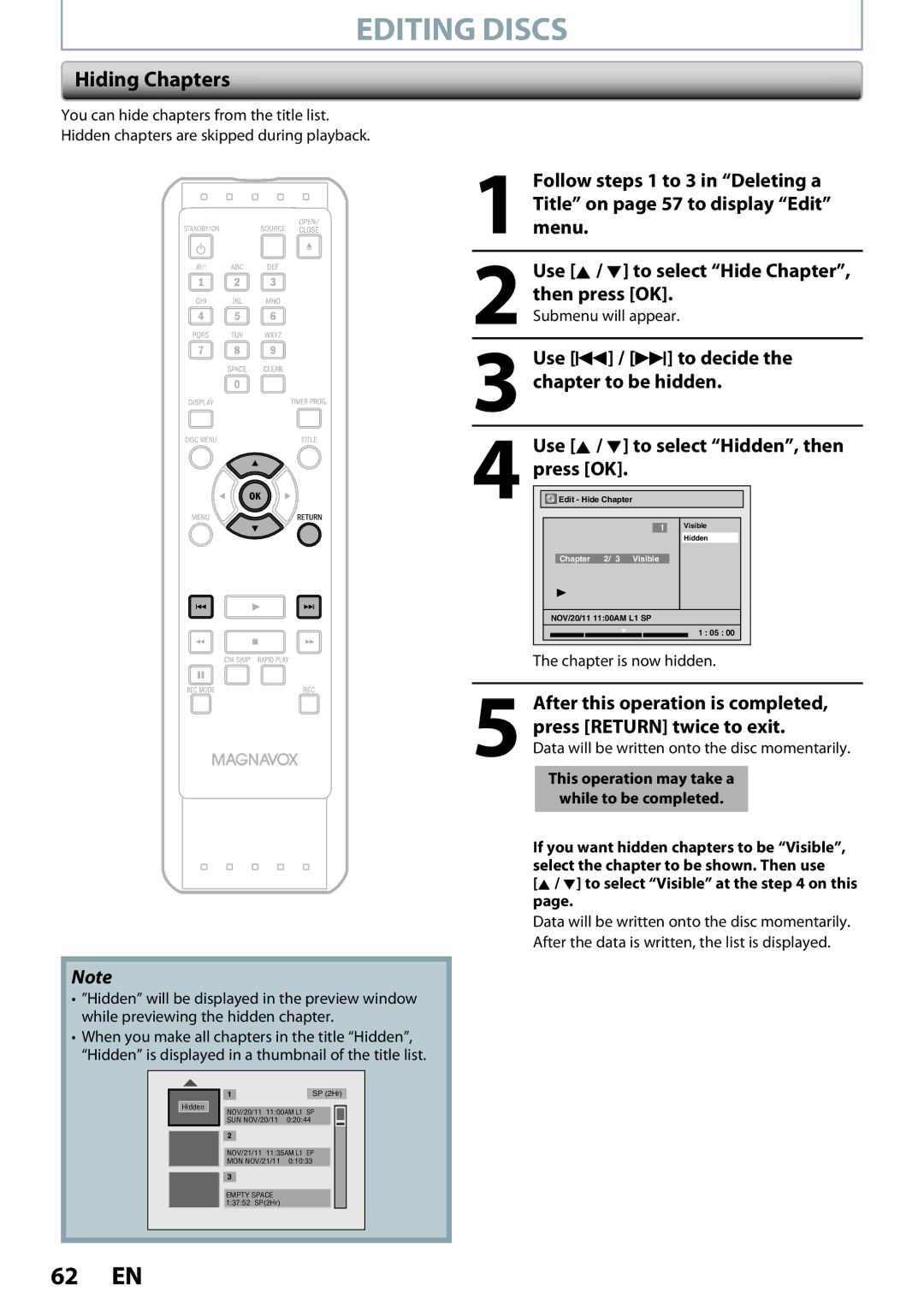 Magnavox ZC320MW8B/F7 owner manual Hiding Chapters, Use H / G to decide the chapter to be hidden, Chapter is now hidden 