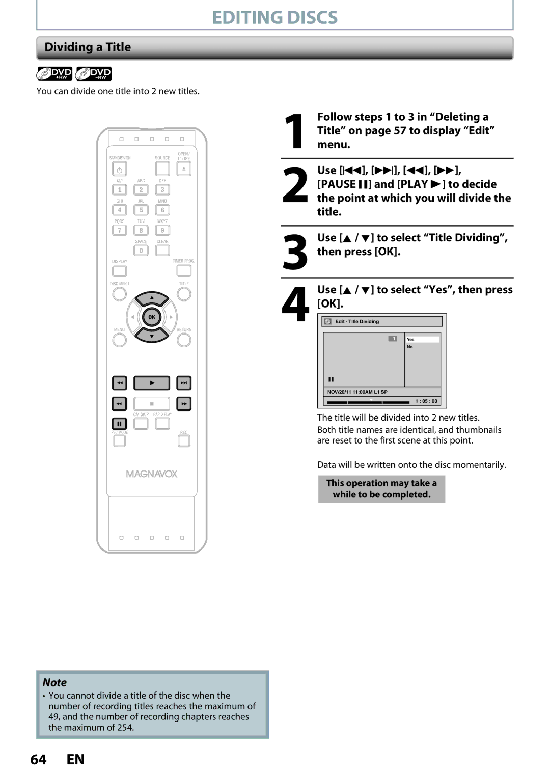 Magnavox ZC320MW8B/F7 owner manual Dividing a Title, You can divide one title into 2 new titles 